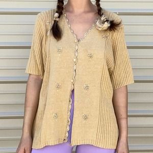 Caramel ramie cotton button down knit top